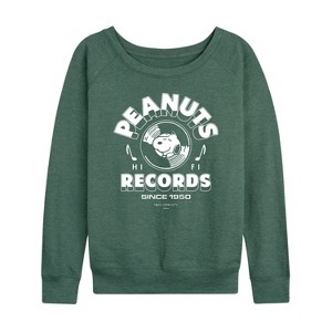 Women's - Peanuts - Snoopy Vinyl Lightweight French Terry Wide Neck Long Sleeve Shirt - 1 of 4