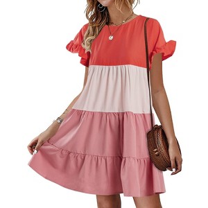 Imily Bela Womens Ruffles Boho Floral Printed Babydoll Loose Swing Casual Short Mini T-Shirt Dress - 1 of 2