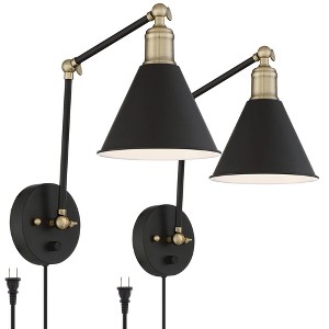 360 Lighting Wray Modern Wall Lamp Set of 2 Black Brass Plug-in 6" Light Fixture Up Down Adjustable Cone Shade for Bedroom Reading Living Room Hallway - 1 of 4