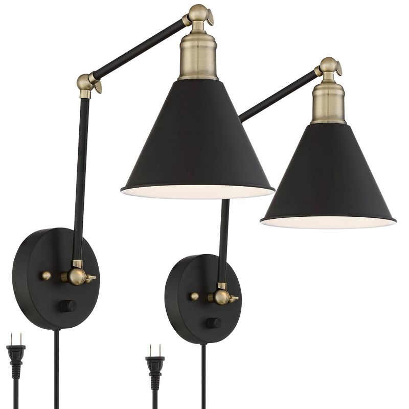 360 Lighting Wray Modern Wall Lamp Set of 2 Black Brass Plug-in 6" Light Fixture Up Down Adjustable Cone Shade for Bedroom Reading Living Room Hallway, 1 of 10