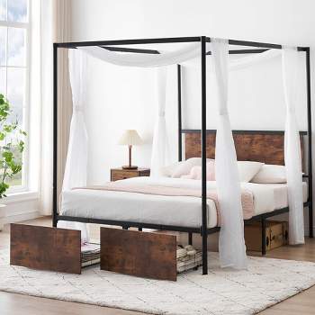 Whizmax Queen Size Canopy Bed Frame with 2 Storage Drawers, Four-Poster Platform Metal Bed Frame, No Box Spring Needed, Easy Assembly