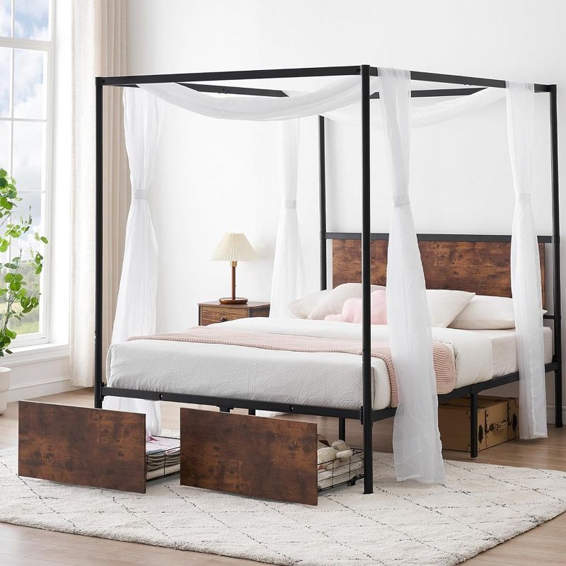 Whizmax Queen Size Canopy Bed Frame with 2 Storage Drawers, Four-Poster Platform Metal Bed Frame, No Box Spring Needed, Easy Assembly, 1 of 8