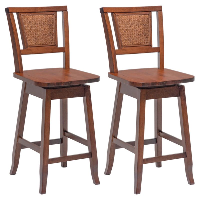 Costway Set of 2/4 Swivel Bar Stools Counter Height Rubber Wood Pub Chairs w/ Rattan Back, 1 of 10