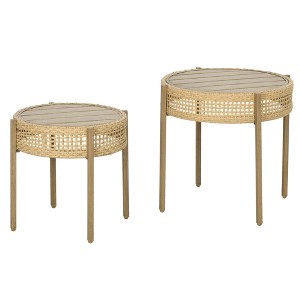 CAVINAS 18"/21' Wicker Rattan Woven End Table,Set of 2,Outdoor End Table,Rustic Coffee Table for Poolside,Courtyard,Patio Furniture,Natural - 1 of 4