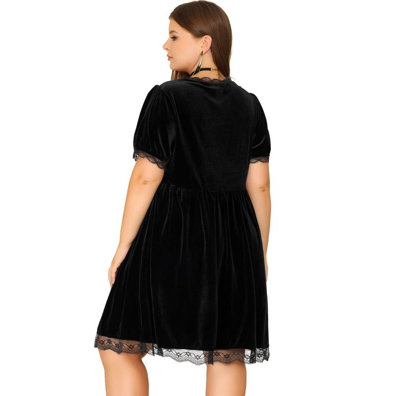 Agnes Orinda Women's Plus Size Velvet Lace Trim Short Sleeve Party A Line Dresses, 4 of 6