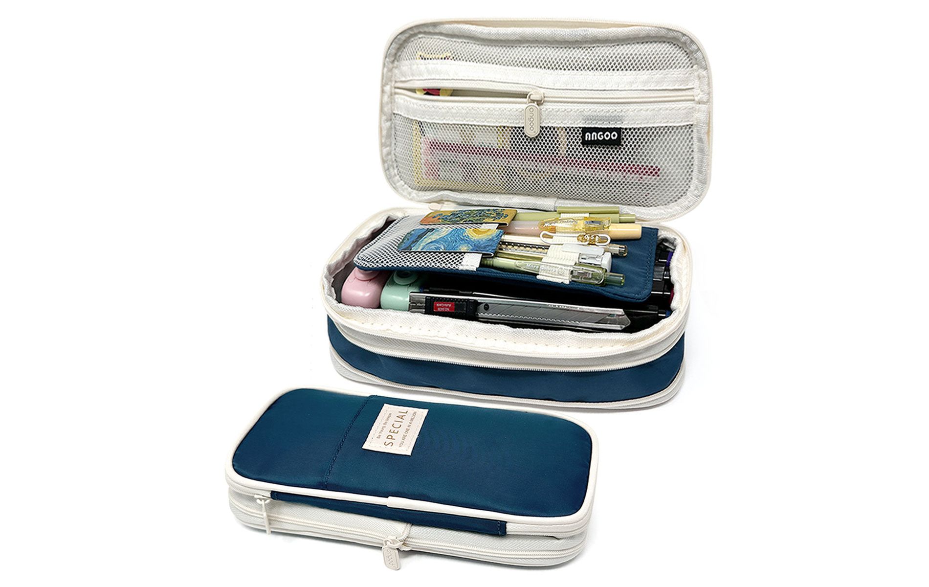 Wrapables Large Capacity Pencil Case, Expandable Pencil Pouch for Stationery Tools, Navy
