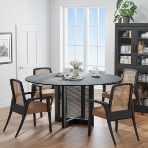 PexFix 60" x 60" Farmhouse Kitchen Dining Room Table Furniture Round Black Kitchen Table with Rattan Woven Legs for Kitchen Bar Living Room - 1 of 4
