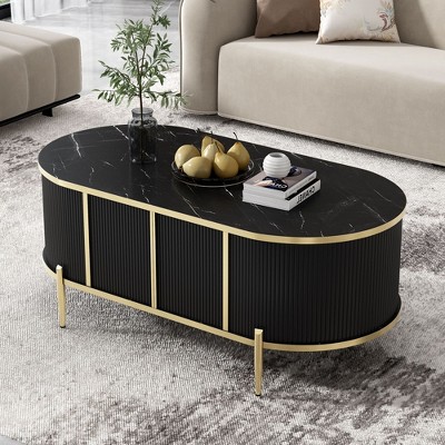 NicBex Modern 47.2" Oval Coffee Table with Marble-Patterned Top and 2 Cabinets for Living Room and Office