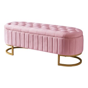 Vynxaria 47.2" Pink Velvet Storage Bench - Sophisticated Ottomans and Benches with Button-Tufted Elegance - 1 of 4