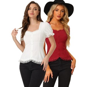 INSPIRE CHIC Women's Square Neck Solid Color Puff Short Sleeve Lace Up Gothic Blouse 2 Packs - 1 of 4