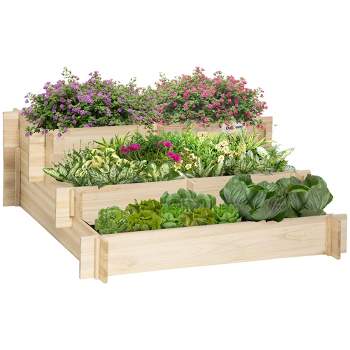 Outsunny 3-Tier Raised Garden Bed, Water Draining Fabric for Soil, Elevated Wood Flower Box for Vegetables, Herbs, Outdoor Plants