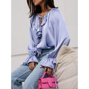 Women's Satin Blouse Ruffle Front Tie Cuff Long Sleeves Shirt - 1 of 2