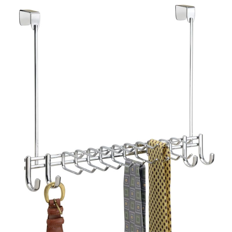 mDesign Metal Over Door Hanging Storage Rack for Ties, Belts, 24 Hooks - Chrome, 5 of 7
