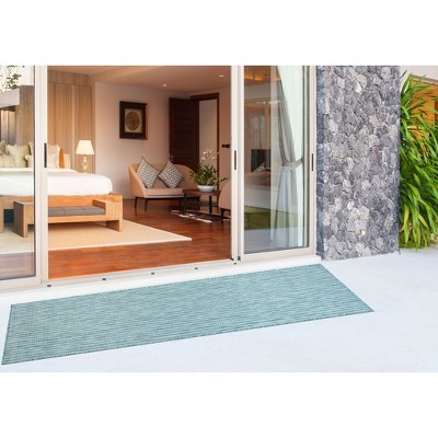 Aqua and Beige Flat Woven Synthetic Stripe Rug 24" x 7'6"
