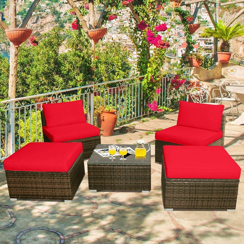 Costway 5PCS Patio Rattan Wicker Furniture Set Armless Sofa Cushioned Red/Turquoise, 2 of 13