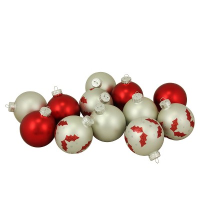Northlight 12ct Matte Silver and Red Glass Ball Christmas Ornaments 2.5" (65mm)