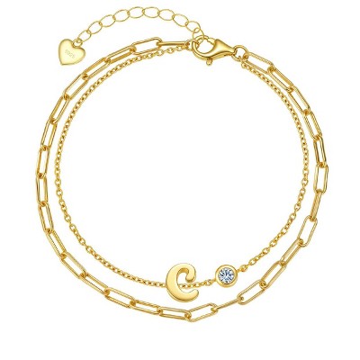 Molenia Initial Bracelet for Women, 925 Sterling Silver 14K Gold Plated Dainty Layered Stackable Paperclip Letter Jewelry Gifts for Wife Mom