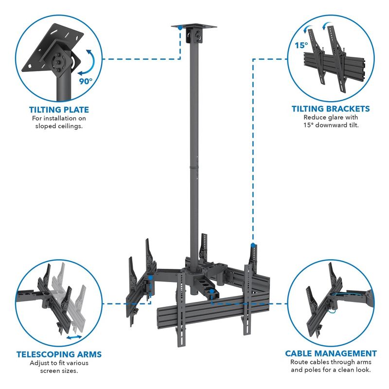 Mount-It! Height Adjustable Triple Screen TV Ceiling Mount | Multi-Display Commercial Grade Ceiling Bracket for Three Flat Screen Displays, 198 Lbs., 4 of 9