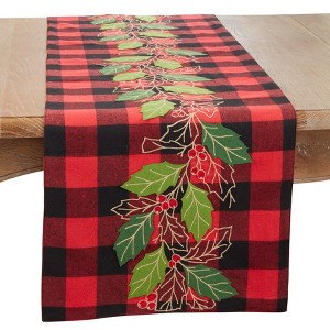 Saro Lifestyle Festive Buffalo Plaid Holly Leaves Table Runner, 16"x70", Red - 1 of 3