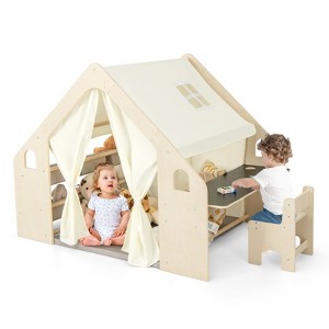 6-in-1 Kids Playhouse Wooden Play Tent w/Blackboard, Desk, Chair, 6 Storage Bins - 1 of 4