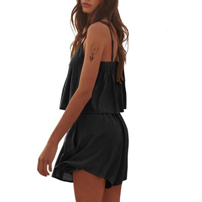 EXLURA Womens Summer Romper Dress 2025 V Neck Spaghetti Strap Pleated Shorts Jumpsuit Beach Vacation Outfits with Pockets