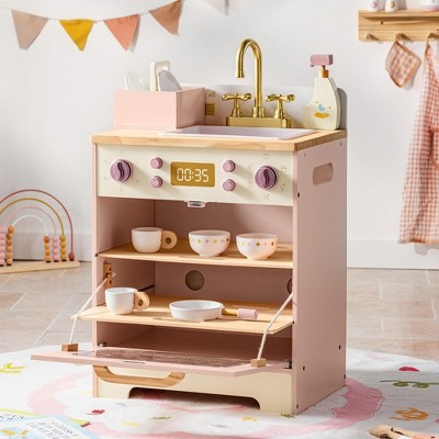 ROBOTIME Play Food And Toy Kitchens Wooden Toy Dishwasher Sink, Play Kitchen Accessories Pretend Playset for Girls, Pink, 11.8"*16.14"*19.88"