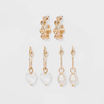 Heart and Shell Charm Hoop Earring Set 3pc - Wild Fable™ Gold