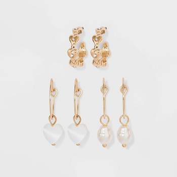 Heart and Shell Charm Hoop Earring Set 3pc - Wild Fable™ Gold