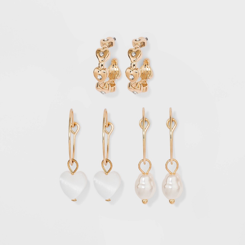 Photos - Earrings Heart and Shell Charm Hoop Earring Set 3pc - Wild Fable™ Gold pearl