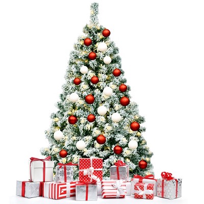 Tangkula Pre-lit Artificial Hinged Christmas Pine Tree Snow Flocked Decoration Tree
