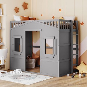 PAGED Twin Size Loft Bed with Under-bed Space, Wooden Bed Frame with Windows, Ladder and Guardrail, Modern Bunk Bed for Boy and Girl - 1 of 4