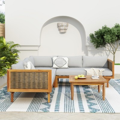 Christopher Knight Home Dorell Outdoor Acacia Wood and Wicker 5 Seater Sectional Sofa Set with Water-Resistant Cushions