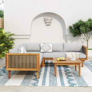 Christopher Knight Home Dorell Outdoor Acacia Wood and Wicker 5 Seater Sectional Sofa Set with Water-Resistant Cushions - 1 of 4