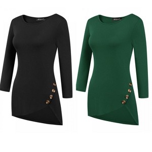 Allegra K Women's 3/4 Sleeve Round Neck Button Decor Casual Stretchy Tunic Tops 2 Packs - 1 of 4