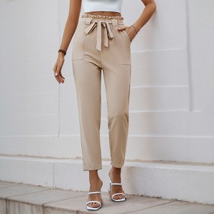 Women Drawstring Elastic Waist Tapered Office Pants with Pockets - 1 of 4