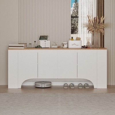FUFU&GAGA White Four-Door Decorative Storage Cabinet with Side Display Racks and a Wooden Top