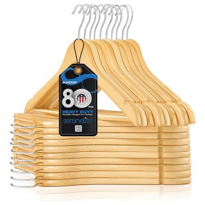 Serenelife 80 Piece Solid Wooden Heavy Duty Suit Hangers with Chrome 360 Degree Swivel Hook and Notched Design for Home and Laundry Use, Natural Wood