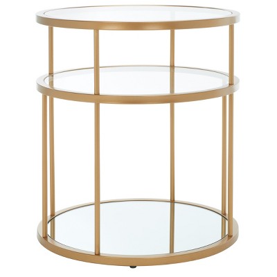 Gold and Clear Round Metal Glass Accent Table with Shelves