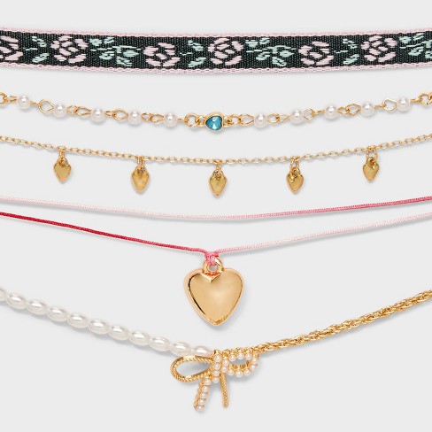 Girls 5pk Heart And Bow Charms Choker Necklace Set Art Class Target
