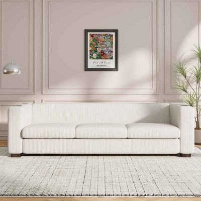 3 Seater Sofa for Living Room, Couch with USB Ports and Cup Holders, Solid Wood Frame Sofa with Plush Cushions and Tapered Legs-Coolbibila