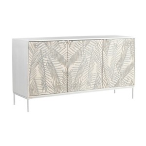 Treasure Trove Accents Three Door Credenza Cloudfield: Mango Wood, Iron Base, CNC Routed Leaf Design - 1 of 4