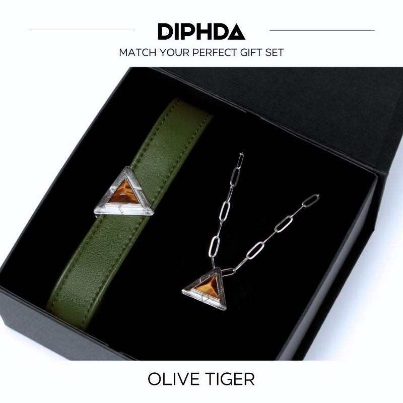 DIPHDA Luxury Match Your Pet Gift Box – Eco-friendly Vegan Leather Collar in Green w/ Tiger Eye Charm + Satelittle Triangle Crystal Necklace (Silver), 2 of 8