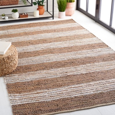 Vintage Light Brown and Ivory Leather Striped Square Rug