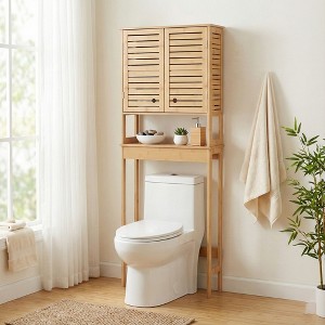 Evideco French Home Goods Over The Toilet Storage Cabinet with Double Vented Doors and Open Shelf, Natural - Trinidad Collection - 1 of 4