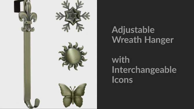 Haute Decor Christmas Adjustable Wreath Hanger with Icon Bundle Antique Brass Butterfly/Sun/Snowflake/Fleur de lis, 2 of 7, play video