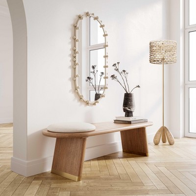 Samantha Cognac Acacia Bench with Gold Accents and Boucle Seat