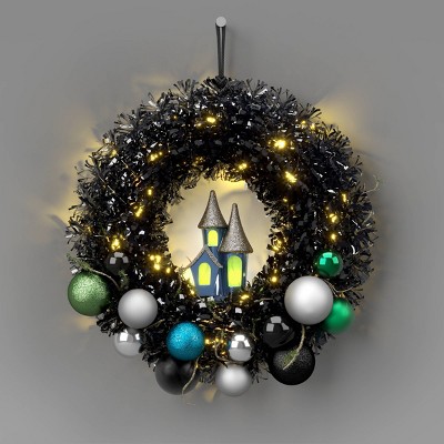 16" Lit Witchy Wreath with House Halloween Decorative Prop Black - Hyde and EEK! Boutique™