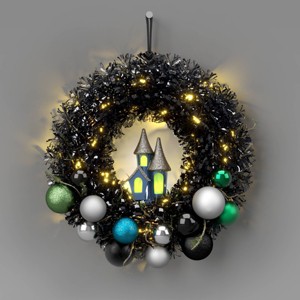 16" Lit Witchy Wreath with House Halloween Decorative Prop Black - Hyde and EEK! Boutique™ - 1 of 4