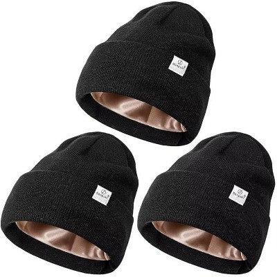 SENPUKI 3 Pack Satin Lined Winter Beanie Hats for Women Men,Silk Lined Beanie Knit Soft Warm Cuffed Hat
