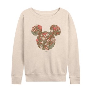 Women's - Disney - Floral Mickey Ears Lightweight French Terry Wide Neck Long Sleeve Graphic Shirt - 1 of 4